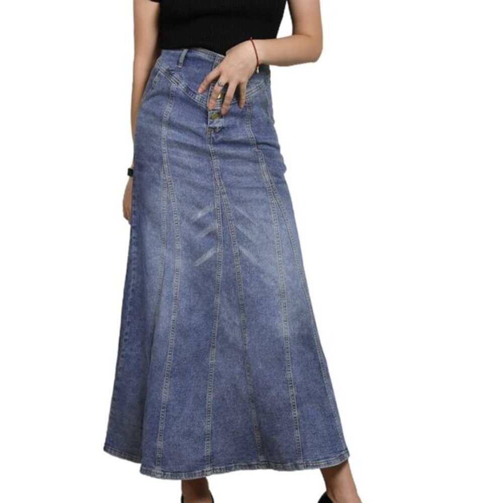 Retro Exposure Button-Fly Packaged Hip A-Line Denim Maxi Skirt
